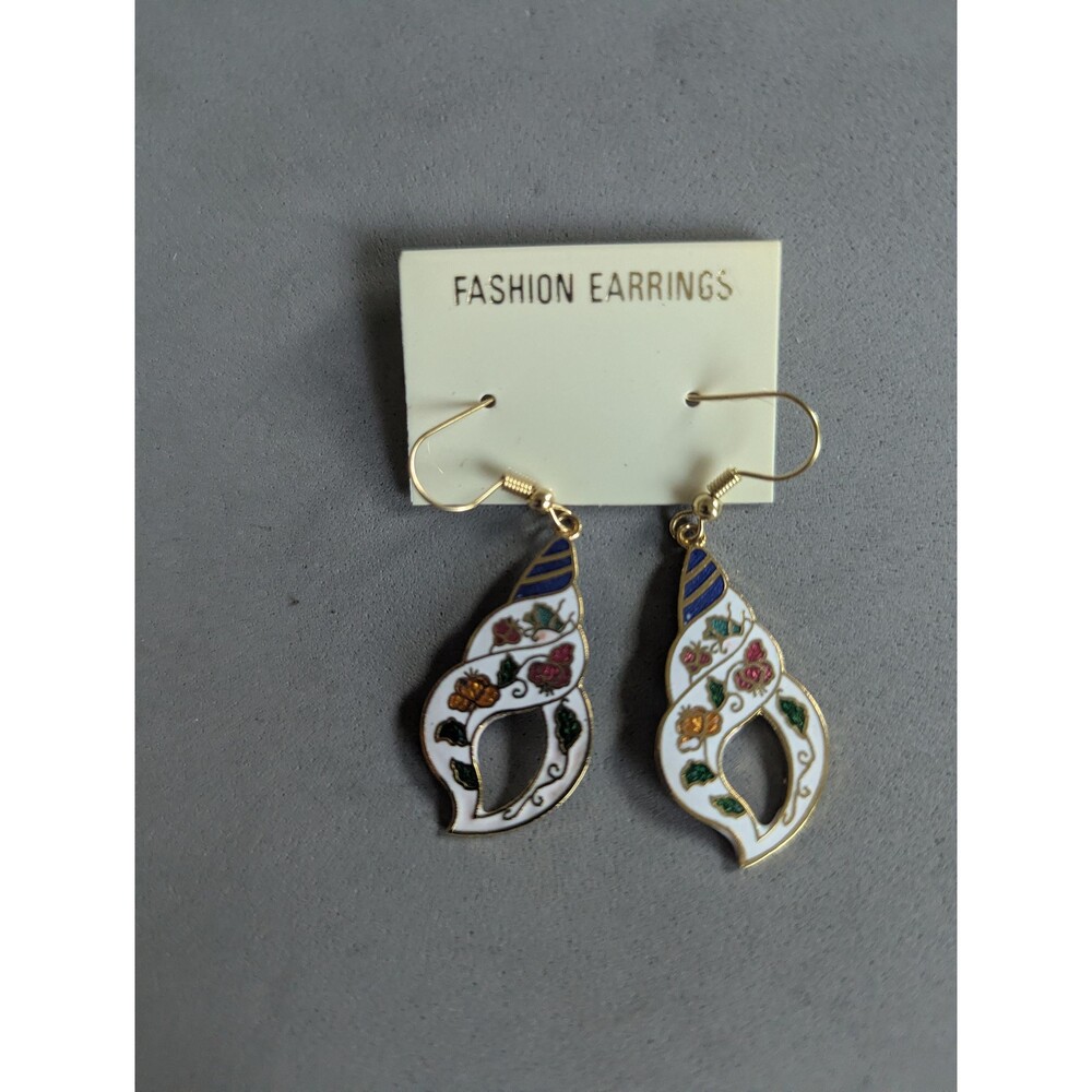 Genuine Cloisonné White Paisley Dangle Earrings Floral Openwork NOS Gold Tone